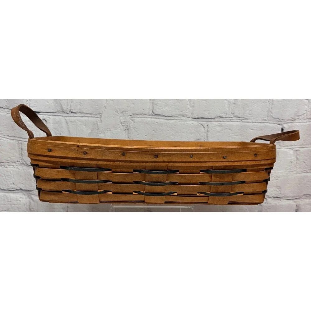 Vtg 1994 Longaberger Basket Leather Handles Liner Wood Divider Protectors 15x8